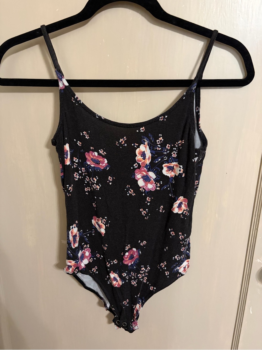 American Eagle Outfitters Black Floral Slim-Strap Bodysuit